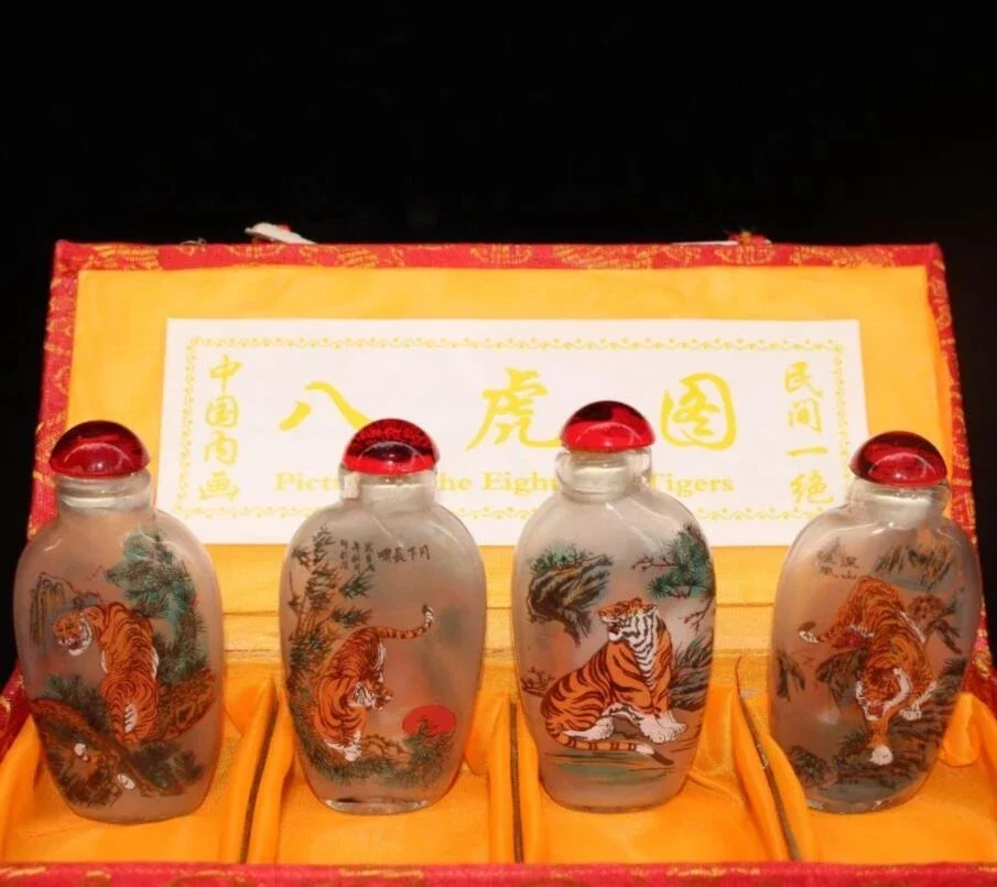 

China Coloured glaze eight tiger picture snuff bottle A set