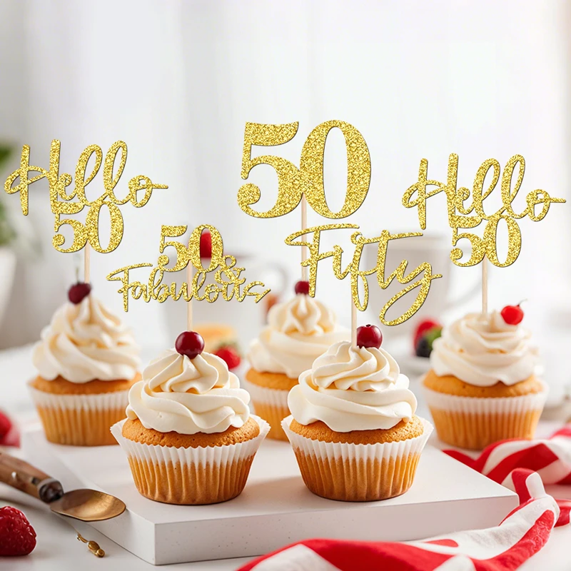 NUBECOM 24 Stück Geburtstagstorte Dekoration Glitzer 50 Cupcake Topper für Hallo 50 Hochzeitstag Party Kuchen Dekor Zubehör – Detail 10