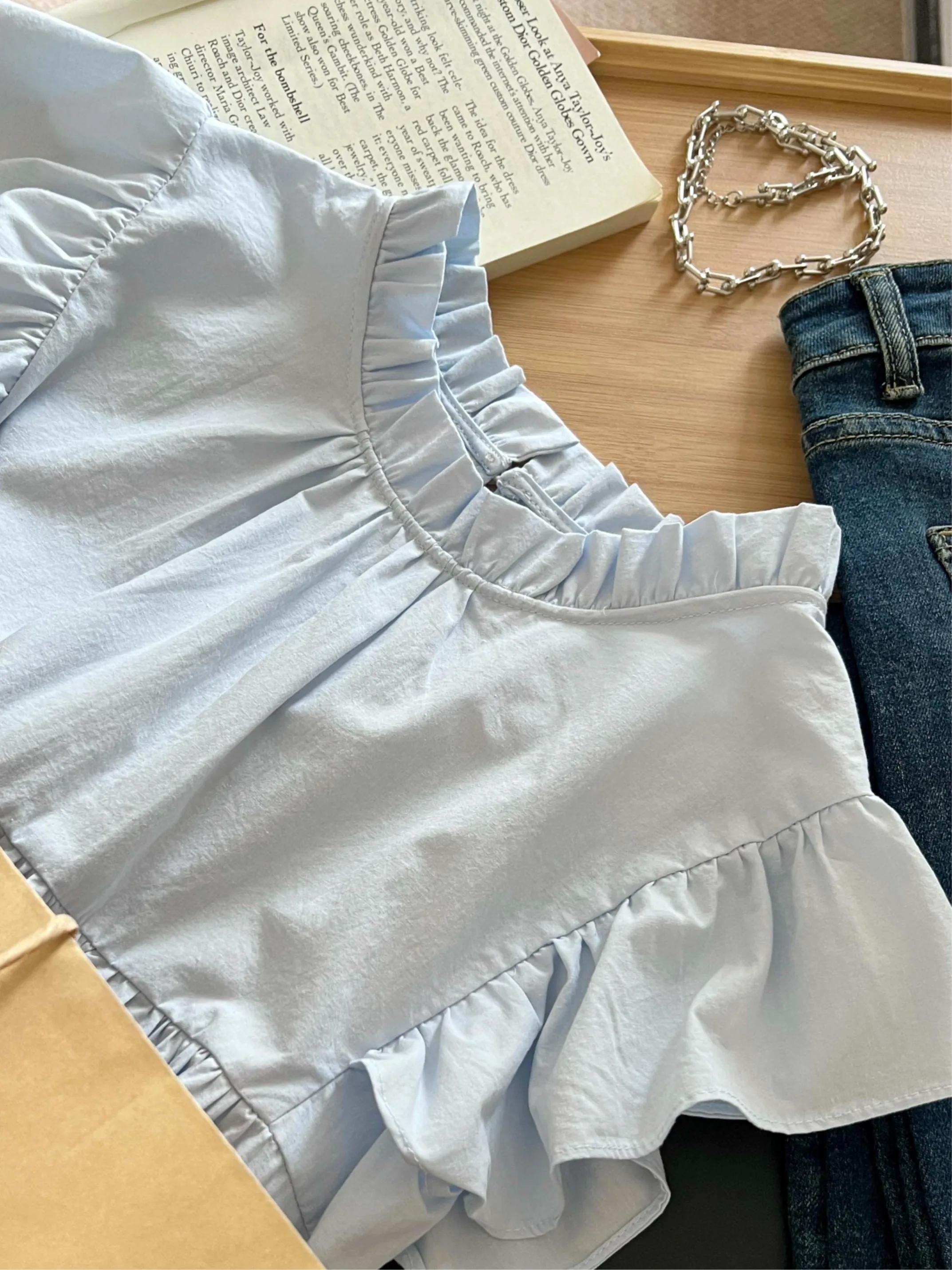 

Loose Summer Blue Slimming Shirt with Lace Hemline Breathable Polyester Casual Sweet Style Women's Outerwear Top