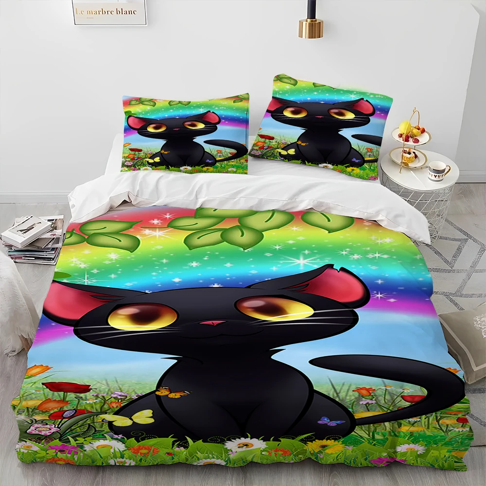 Single-Sided Cartoon Cat Printed Comforter, Comfortable Bedspreads, Duvet, King and Queen Bedding Sets, 3PCs