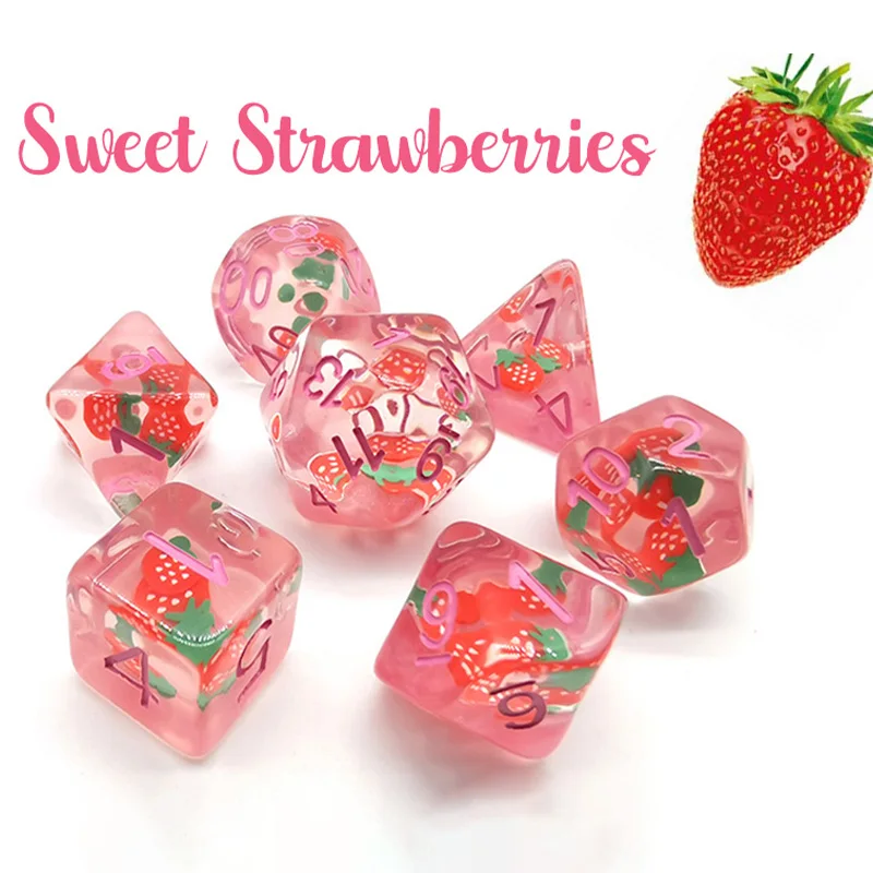 7Pcs/Set DND Dice Transparent Resin Sweet Strawberry Cute Steppe Lion Polyhedral Dice For Role-Playing Table Card RPG Board Game