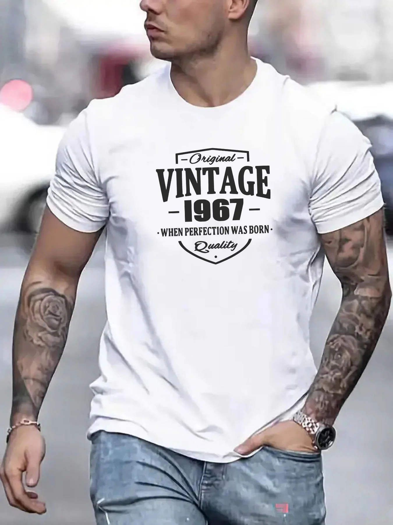 

1967 Vintage Cotton Blend Crew Neck Casual Round Short Sleeve T-Shirt, Geometric Pattern, Soft