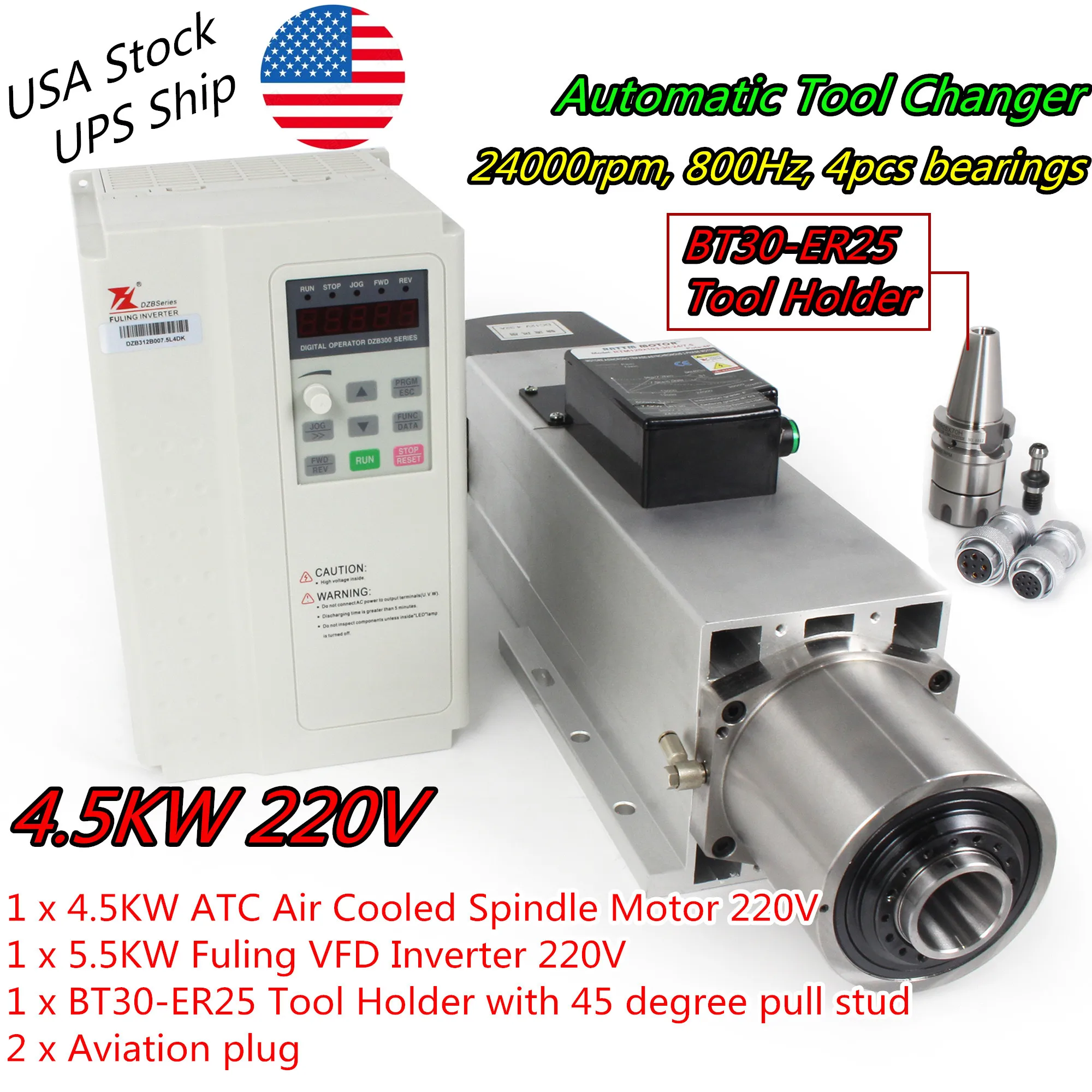 

【EU/USA Stock】Automatic Tool Changer 4.5kw Square BT30 ATC Spindle Air Cooled Spindle 220V with 5.5kw FULING Inverter VFD