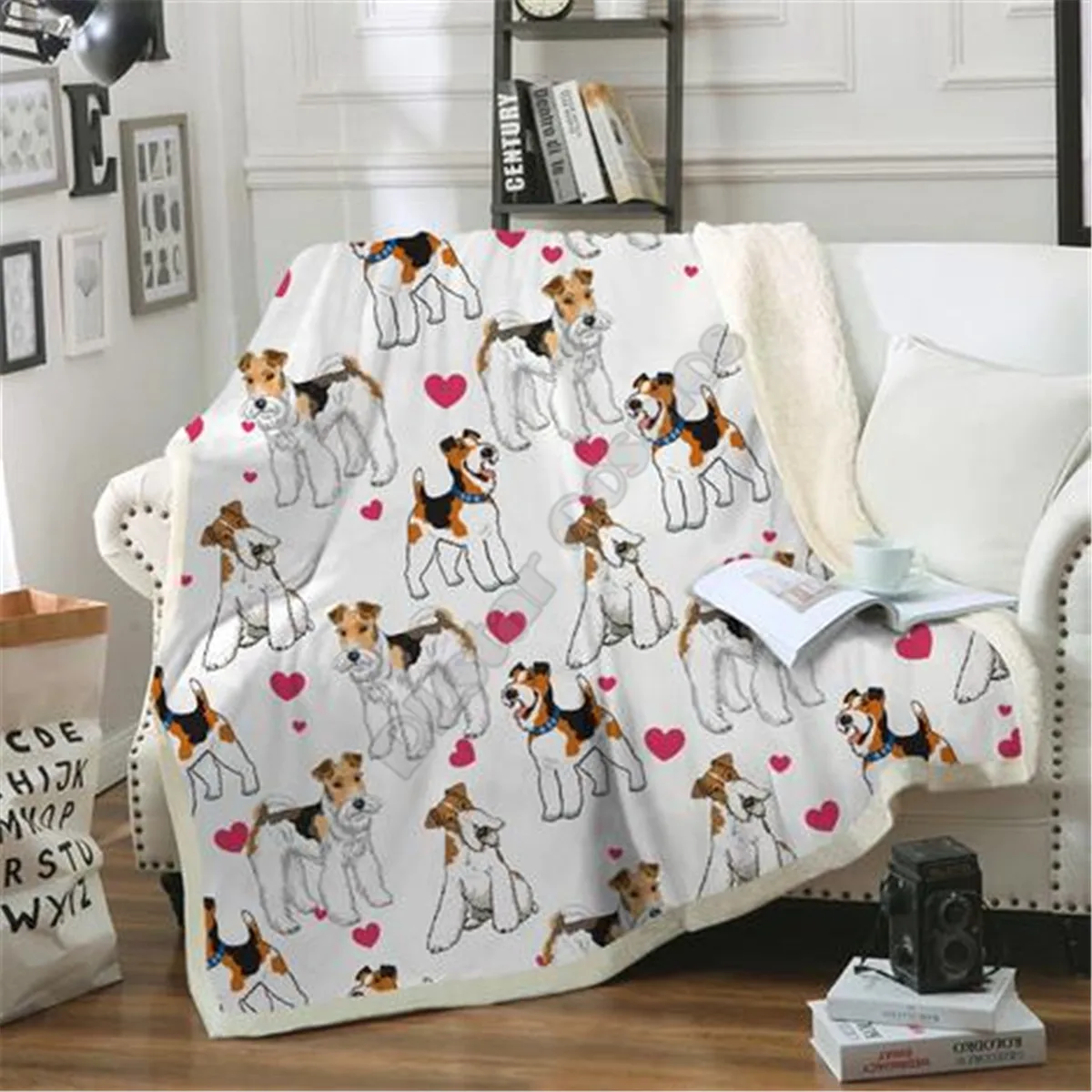 Love Cute Fox Terrier Deken 3D-geprinte Sherpa-deken op bed Huishoudtextiel 05