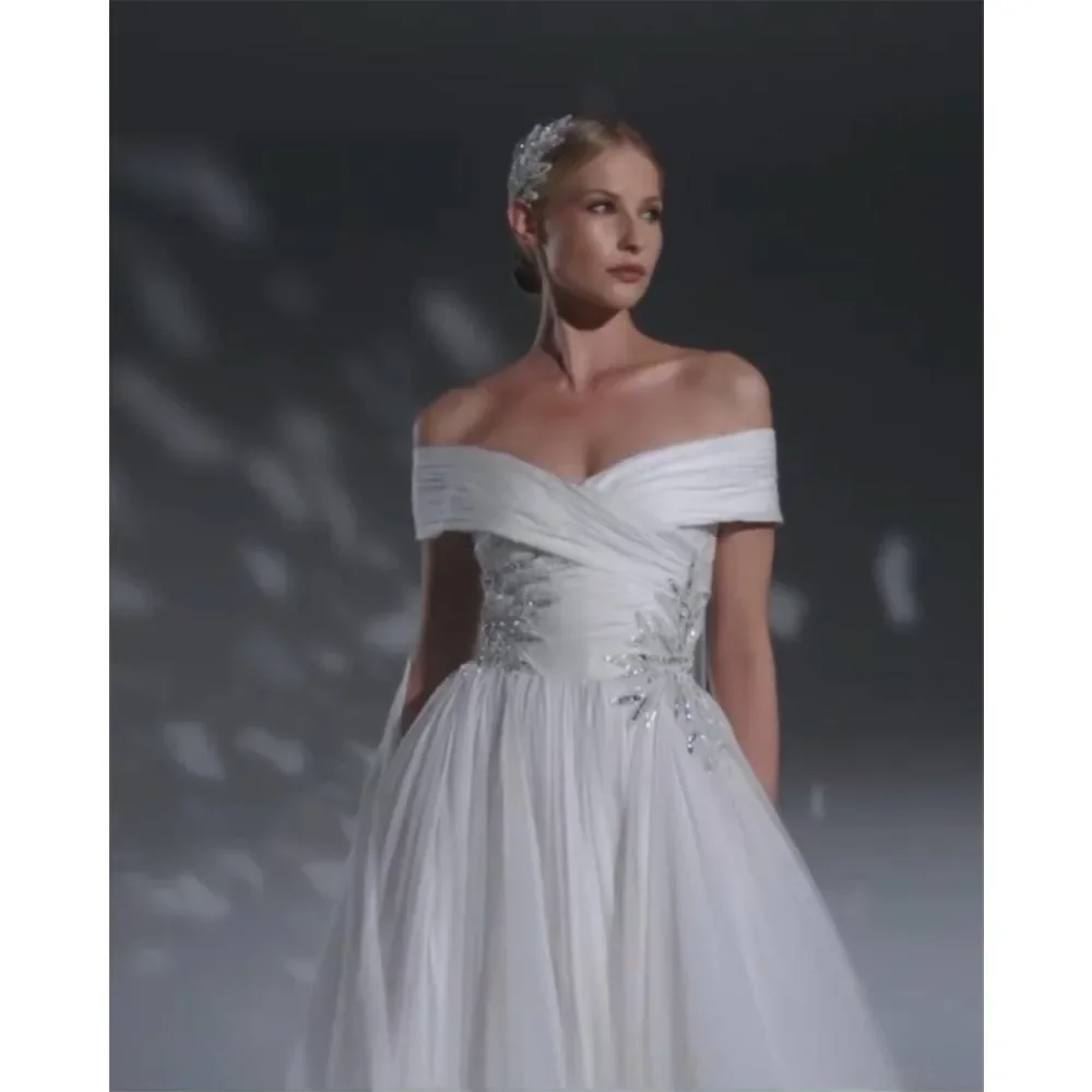 White Wedding Dresses for Women Elegant Off the Shoulder A-Line Gowns Fashion Beads Sequined Sweep Train Bride Dresses 2025