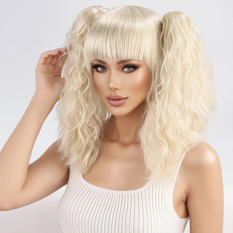 كاميلا أوف وايت مزدوج ذيل حصان مشبك فم النمر مع الانفجارات، شعر مستعار نسائي للفتيات شعر مستعار من الألياف الاصطناعية