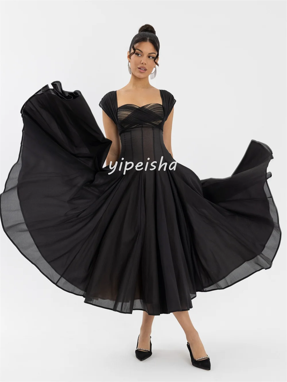 Customized Sexy Fashion Pleat Ruched A-line Square Neck Midi Dresses Bespoke Occasion Dresses Sizes Available High Quality