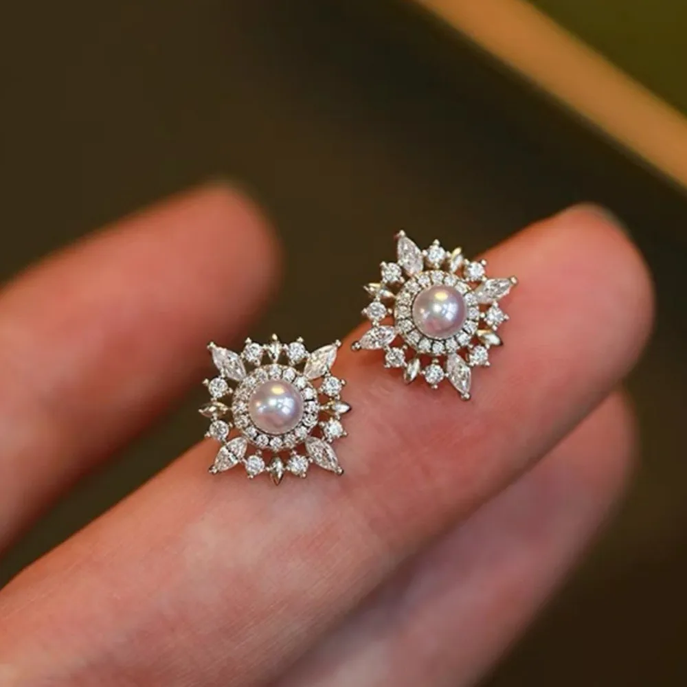 Elegant Pearl Bling Diamonds Little Stars Stud Earrings Woman Girl White Gold Filled Sterling Silver Vintage French Jewelry Gift 3