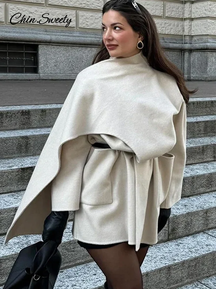 Winter Woolen Women's Scarf Collar Coat Solid Pockets Long Sleeve Loose Midi Overcoats 2024 Autumn Winter Lady Fashion Outwear