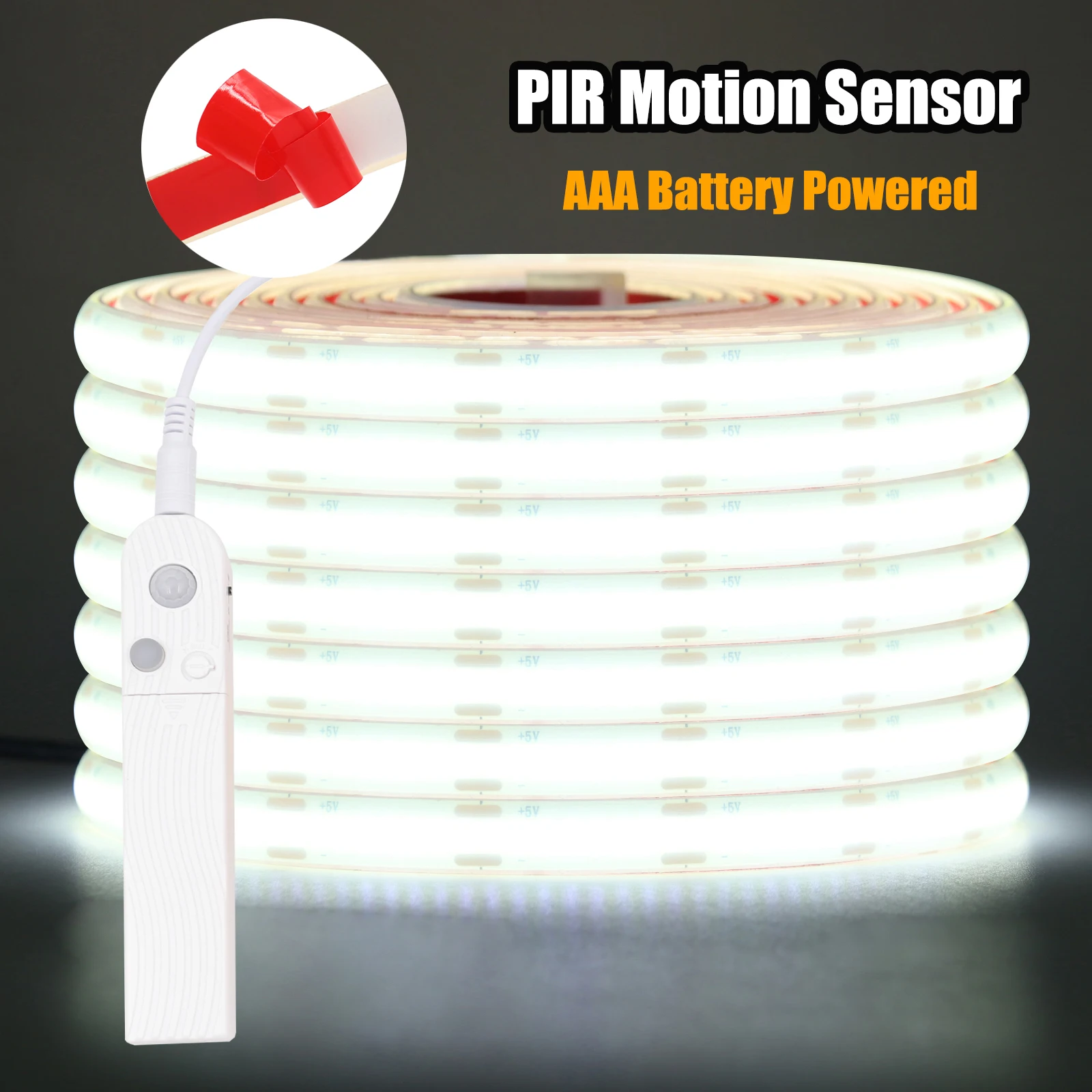 

1-3m PIR Motion Sensor Battery Operated DC5V COB LED Strip 320leds/m IP68 Waterproof for Kitchen Stair Wardrobe Closet Decor