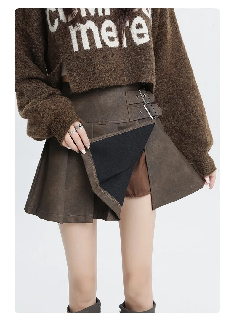 Krótkie spódniczki damskie Pu Skirt A Line Slim Fit Pleated Casual Streetwear High Waist Elegant Splice Y2k Party Vintage Club Summer
