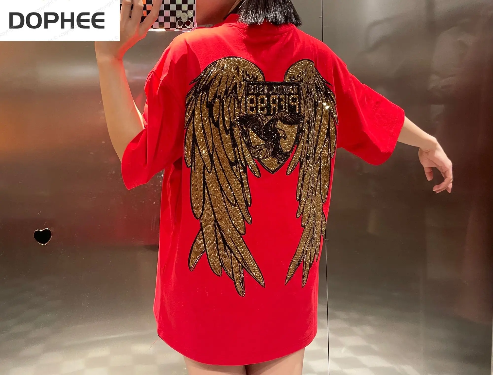 

Hot Drilling Luxury Red Short Sleeve T-shirt for Men and Women Blingbling Tiger Wings Trendy Pullover Top Loose Streetwear Tees