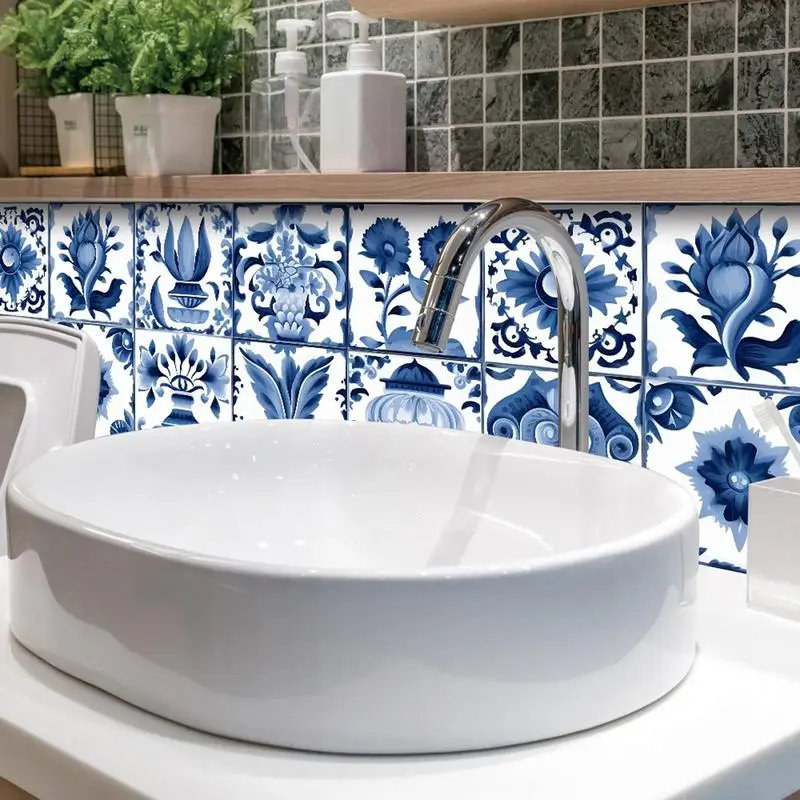 Autocollants muraux imperméables à motif bleu portugais, carreaux de style portugais, décoration d'intérieur, cuisine et salon, 24 pièces