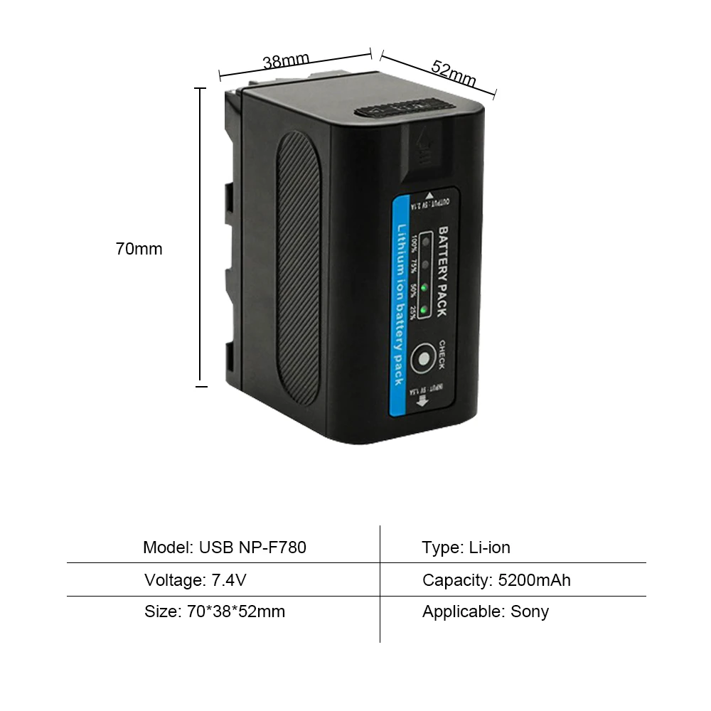 Bateria NP-F780 de 5200mAh com indicador LED para Sony NP-F780 F970 F550 F570 F730 F750 F770 MC1500C CCD-TRV58