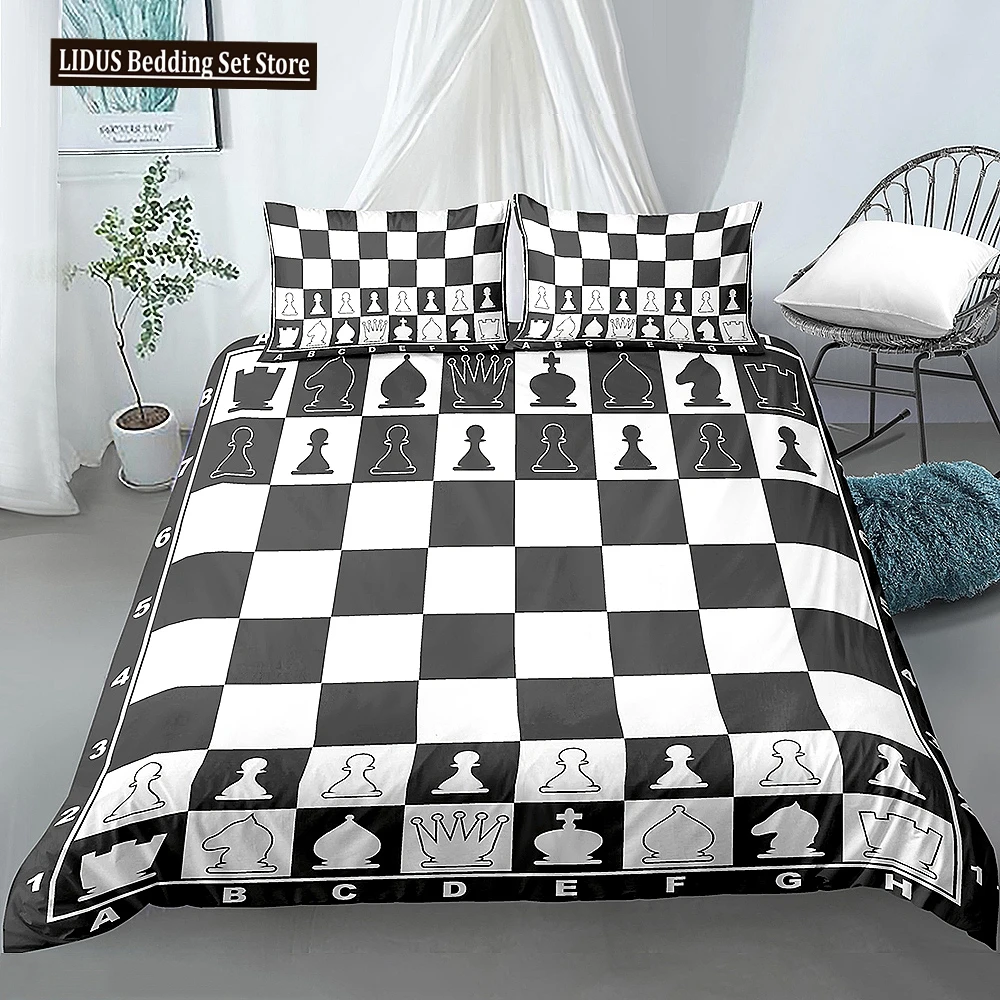 

Chess Board Duvet Cover Set 3D Print International Chess Black White Comforter Cover For Kids Boys Girls Polyester Bedding Set