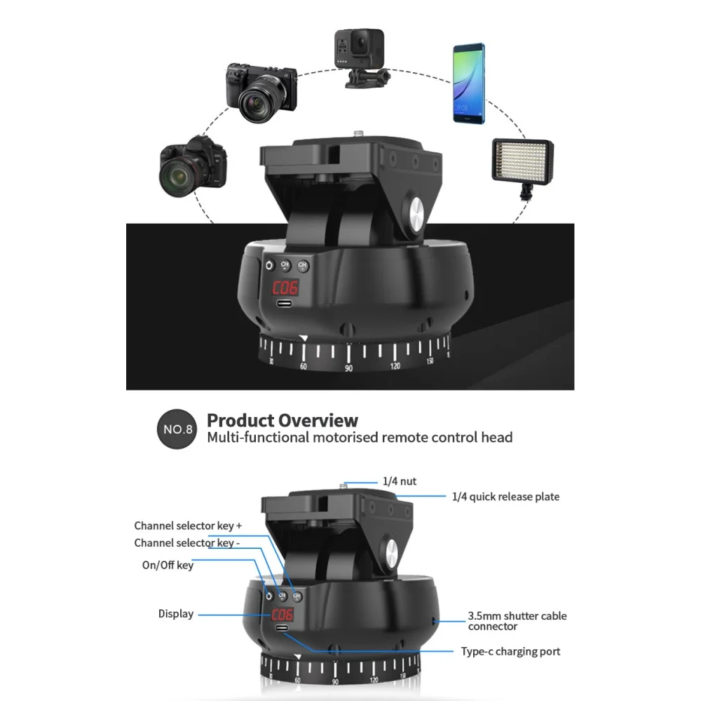 Desiontal YT1200 live streaming electric pan tilt, with remote control recording in horizontal and vertical,load-bearing 1kg