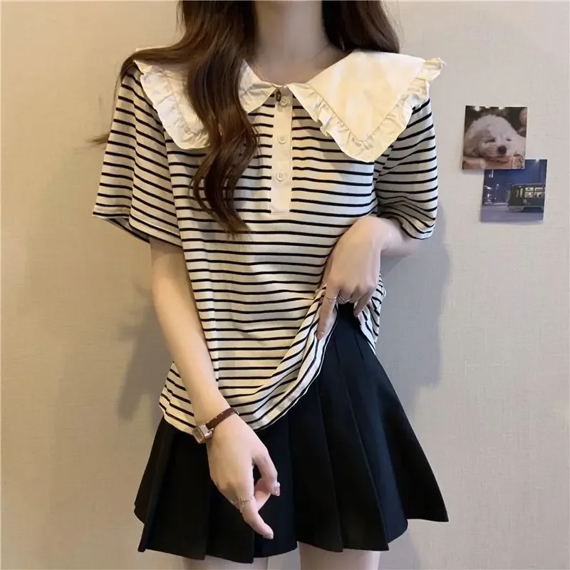

Casual Striped T Shirt Tops Summer New Short Sleeve Loose All-match Plus Size Youth Pullovers Vintage Fashion Women Clothing