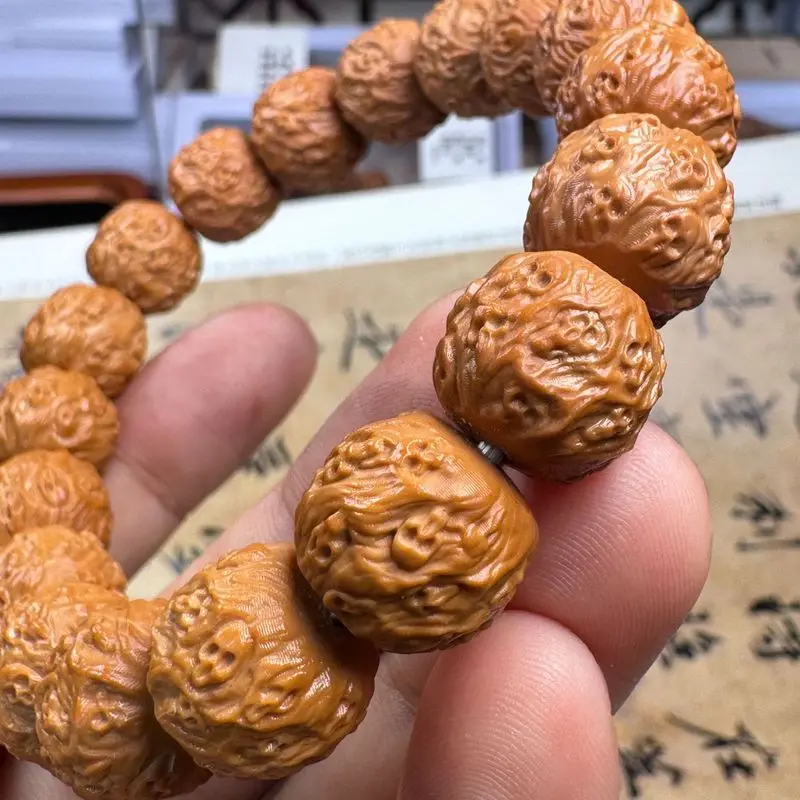 Carved Monkey Walnut Bracelet, Jingbaleng Pi Tao Magic Bead, Single Strand 14Mm