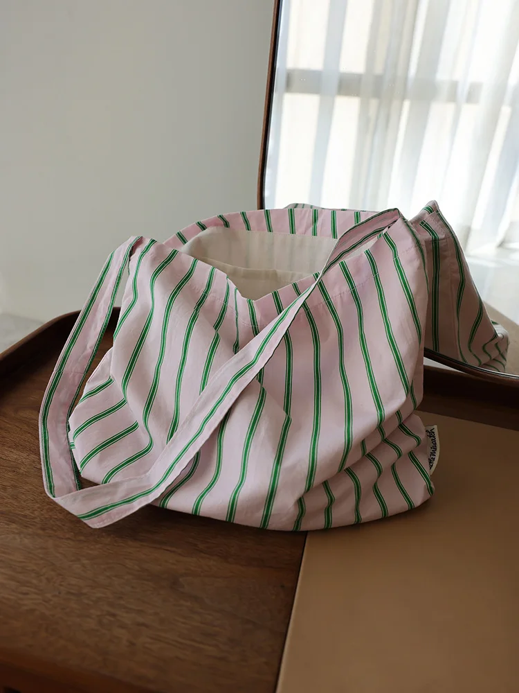 Casual Stripe Canvas Tote Bag Single Shoulder Bag Simple Match Women's Canvas Bag College Style Green And Pink Stripes