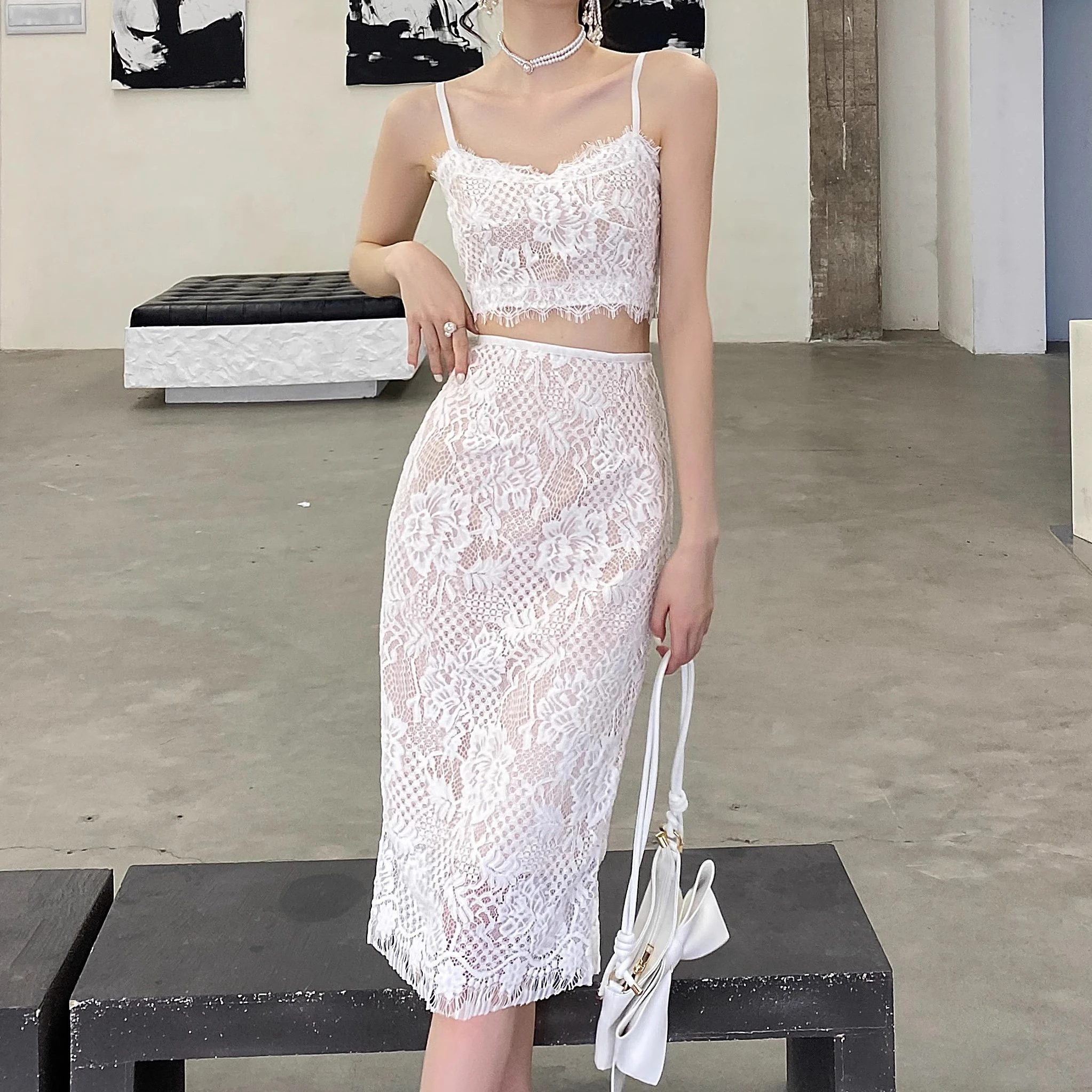 White Lace Tops + Elastic Waisted Skirts Women Summer Streetwear Chic Two Piece Sets Lady Korean Fashion Elegant Skirts Sets