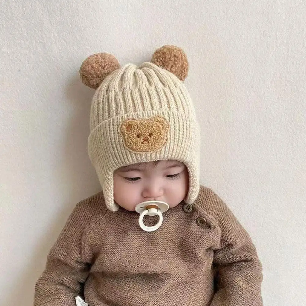 Cartoon Bear Baby Beanie Cap Korean Ear Protection Soft Crochet Hats Winter Warm Kids Knitted Hat Toddler Boys Girls