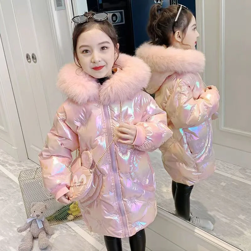 Thicken Casual Jackets Kids Winter Glossy Coats Baby Girl Plush Hooded Outerwear Children Zipper Parkas Fashion Cute Overcoat