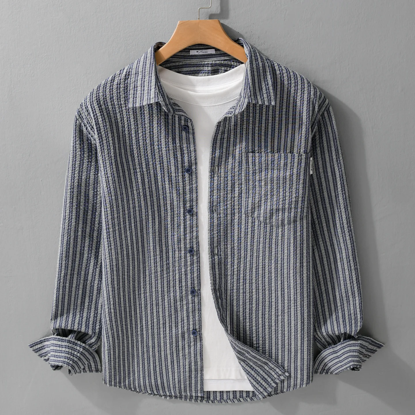 

Повседневная мужская рубашка в полоску свободного кроя, весенне-осенняя базовая рубашка в японском стиле, универсальная рубашка с длинными рукавами для делового повседневного стиля