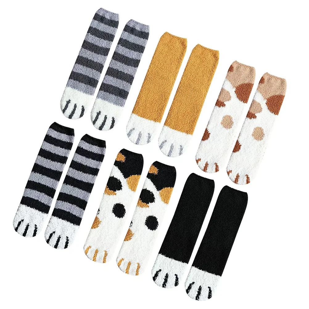 

6 Pairs Coral Fleece Floor Socks Cat Paw Pattern Animal Slippers Sleep Cute Fluffy Stockings Winter Women