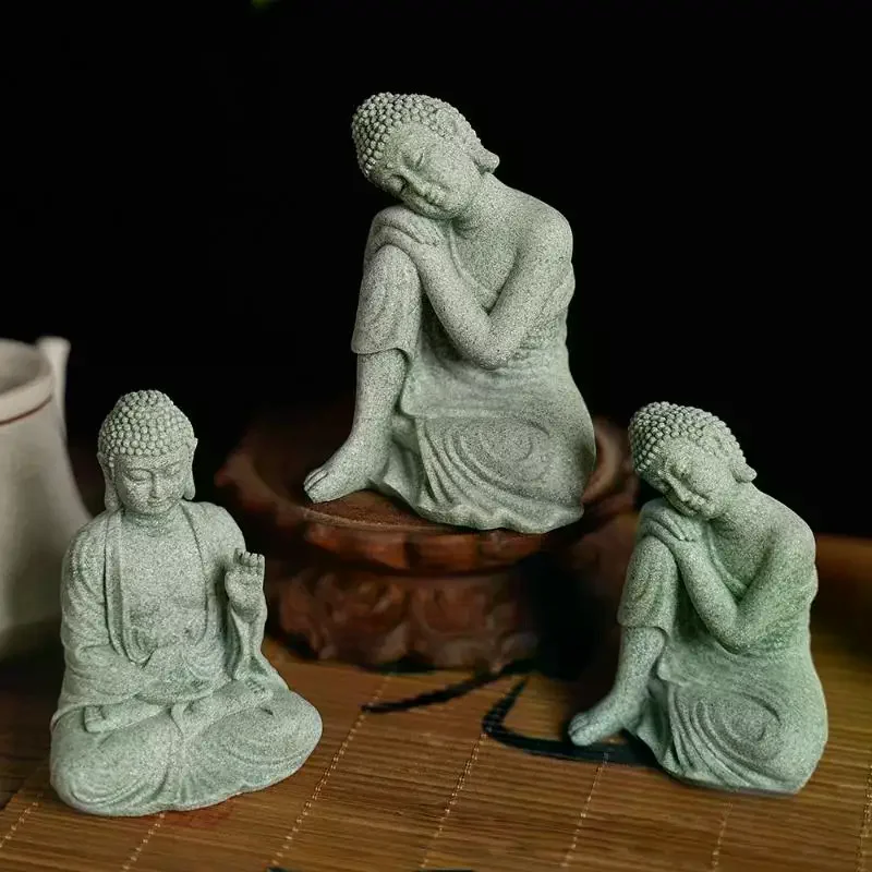 Green Sandstone Buddha Ornament; Mini Thai Figurine for Zen Home & Garden Display