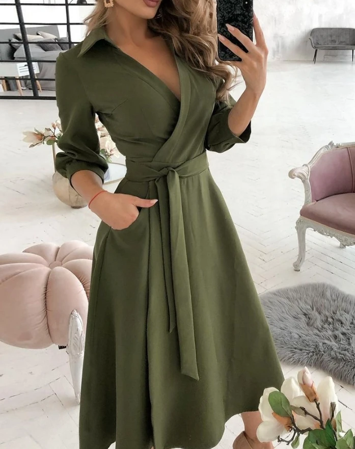 Women's Elegant Dress 2024 Autumn Winter Latest Turn-Down Collar Lantern Sleeve Maxi Shirt Dress Tied Long Sleeve Long Skirt