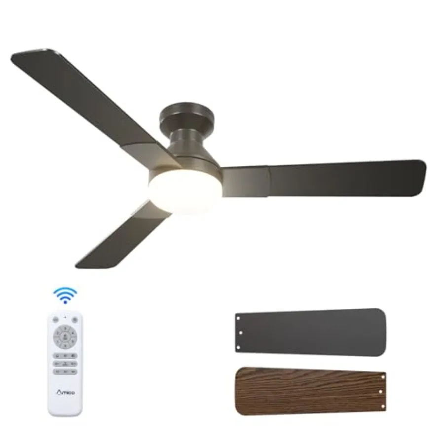 Bedroom ceiling fan with light, 52 inch low profile flush mount, black metal, 3CCT dimmable LED, reversible quiet operation, in