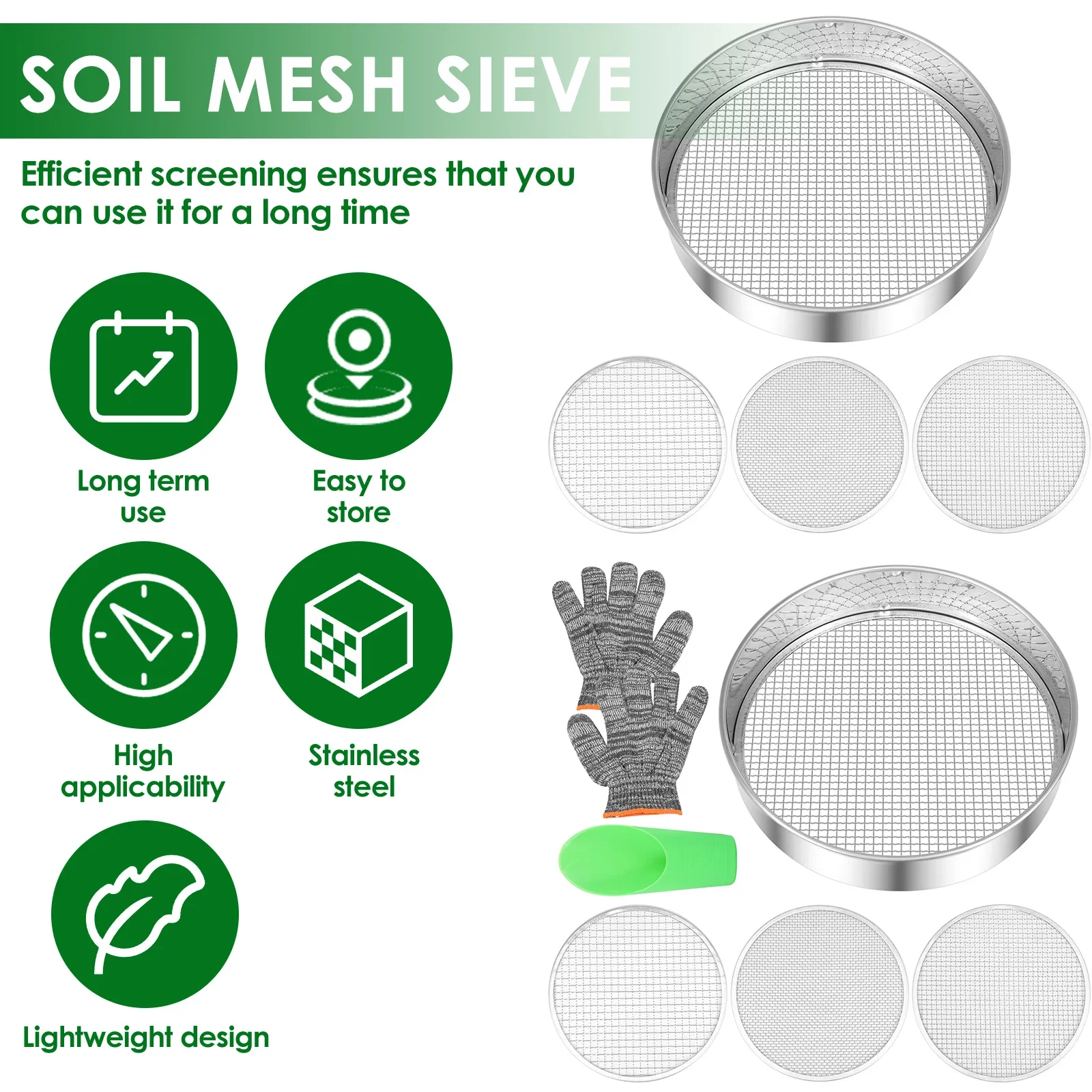 4/6Pcs Soil Sieve Set Stainless Steel Garden Soil Sieve with 3/6/9mm Filter Mesh Rust Resistant Compost Sifter Garden Accessory