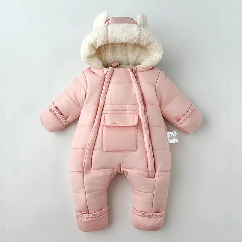 

Winter New Baby Boys Girls Bodysuit Solid Color Lining Plush Thick Warm Hooded Jumpsuits For 6M-30M Kids Cotton Romper Snowsuit
