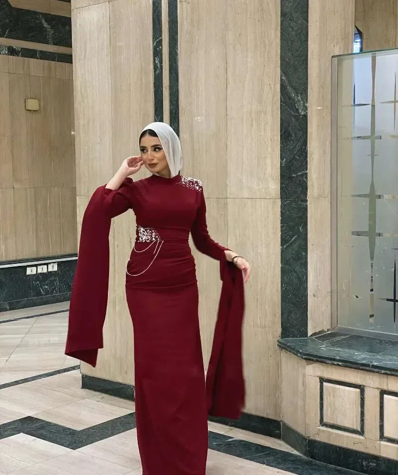 ที่กําหนดเองมุสลิม Mermaid พรหมชุดสตรี O คอลูกปัดแขนยาวชุดราตรียาวชุดอย่างเป็นทางการ