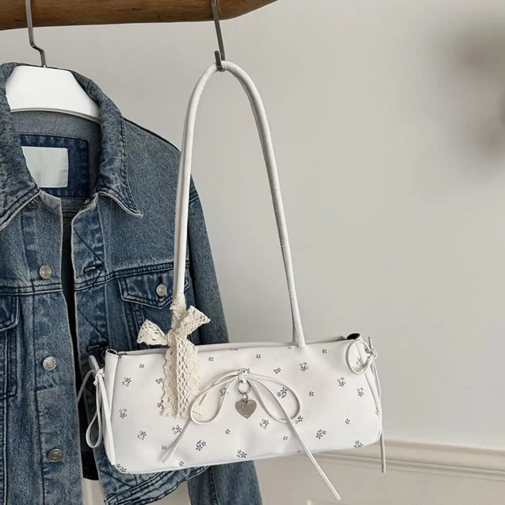 

Floral Pattern Polyester Bag with Lace Bow Heart Charm Handle Closure Pink Detail Drawstring 32cm Blue Green Zipper Black W C3T0