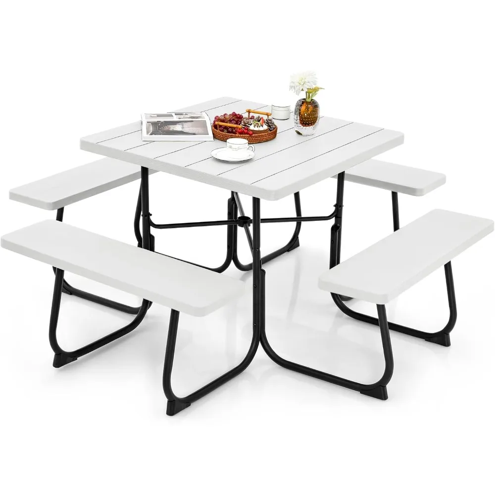 

8 Person Picnic Table, Outdoor Square Picnic Table with 4 Built-in Benches, Umbrella Hole, Metal Frame