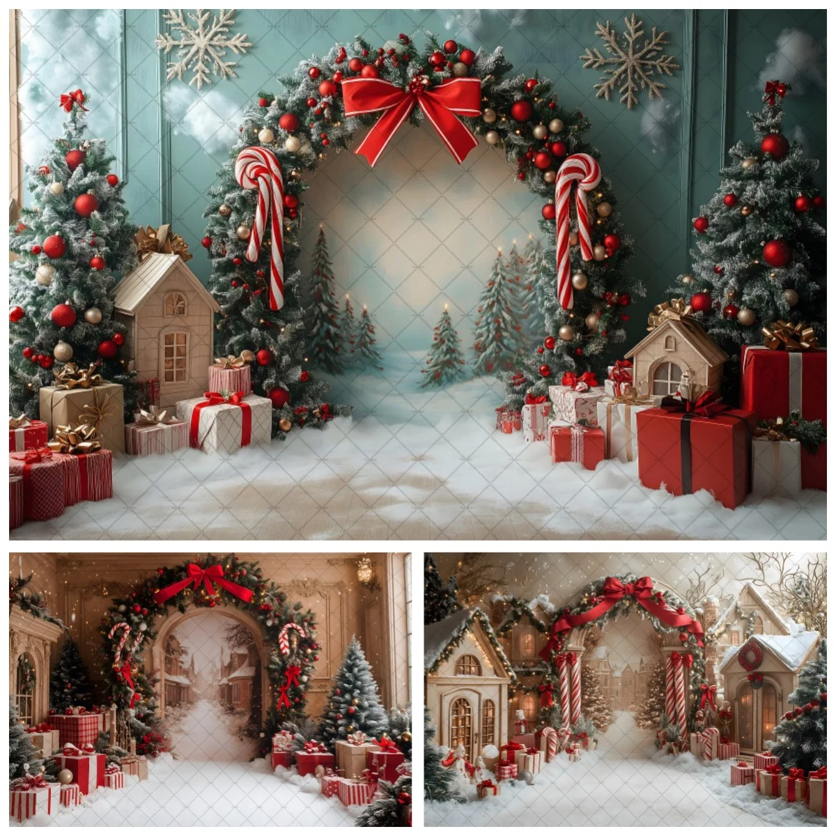 

Winter Christmas Photography Background Arch Door Xmas Tree Chic Wall Gift Indoor Decor Banner Kids Portrait Photocall Backdrops