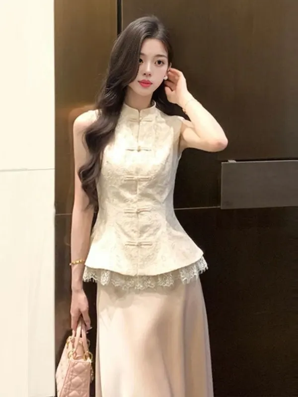 

New Chinese Style High Waist Skirt And Sleeveless Top Two Piece Set Fashionable Summer Outfit for Women Cotton Material