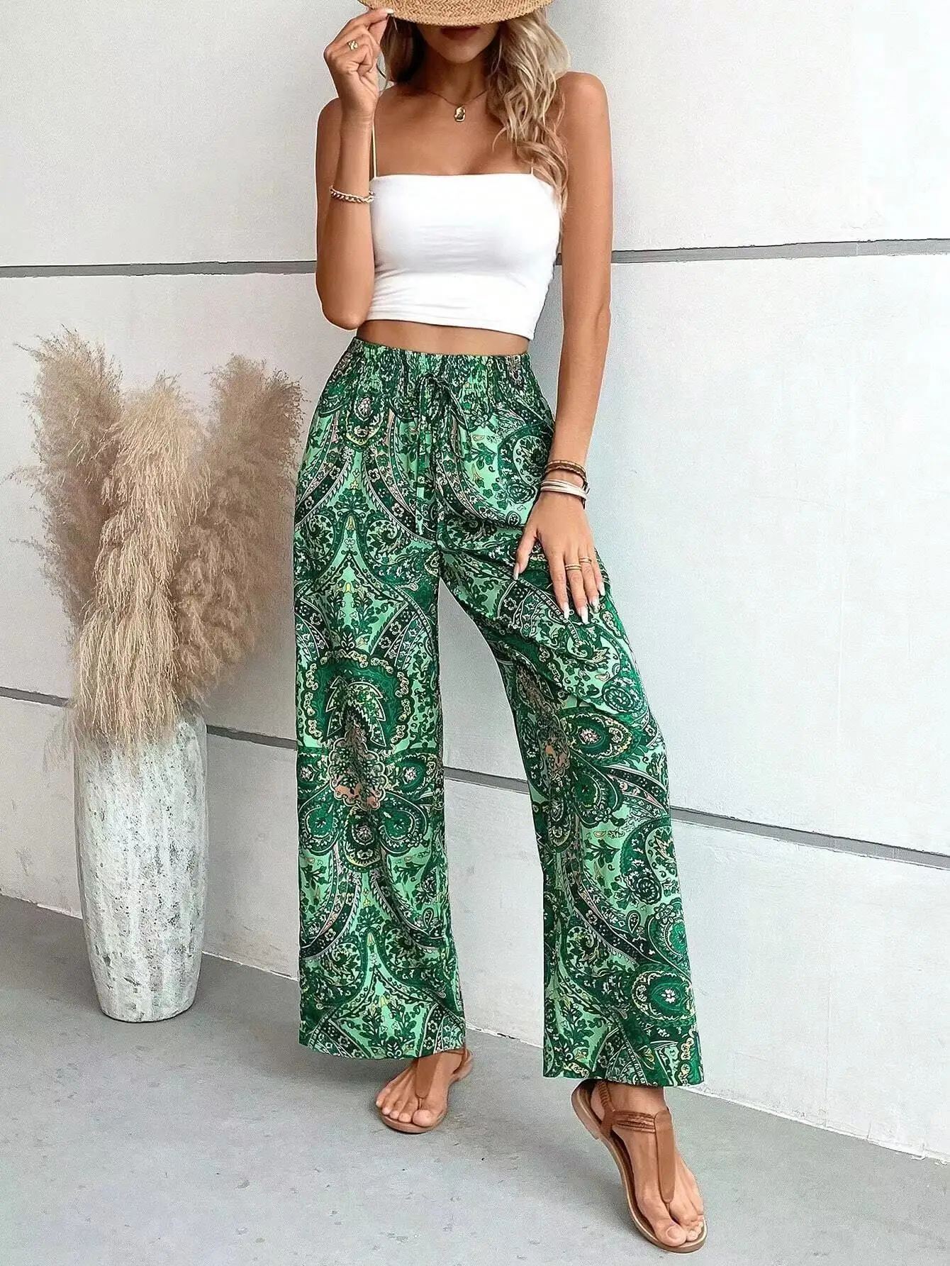 Mode Vintage Print Breite bein Hosen Frauen Casual High-taille Hosen 2024 Frühling Sommer Büro Dame Kleidung Streetwear – Detail 6