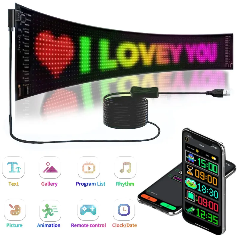 LED Display Screen RGB Messages Scrolling LED Matrix Pixel Panel Car Shop Sign Board Soft Flexible Display Panels App Control