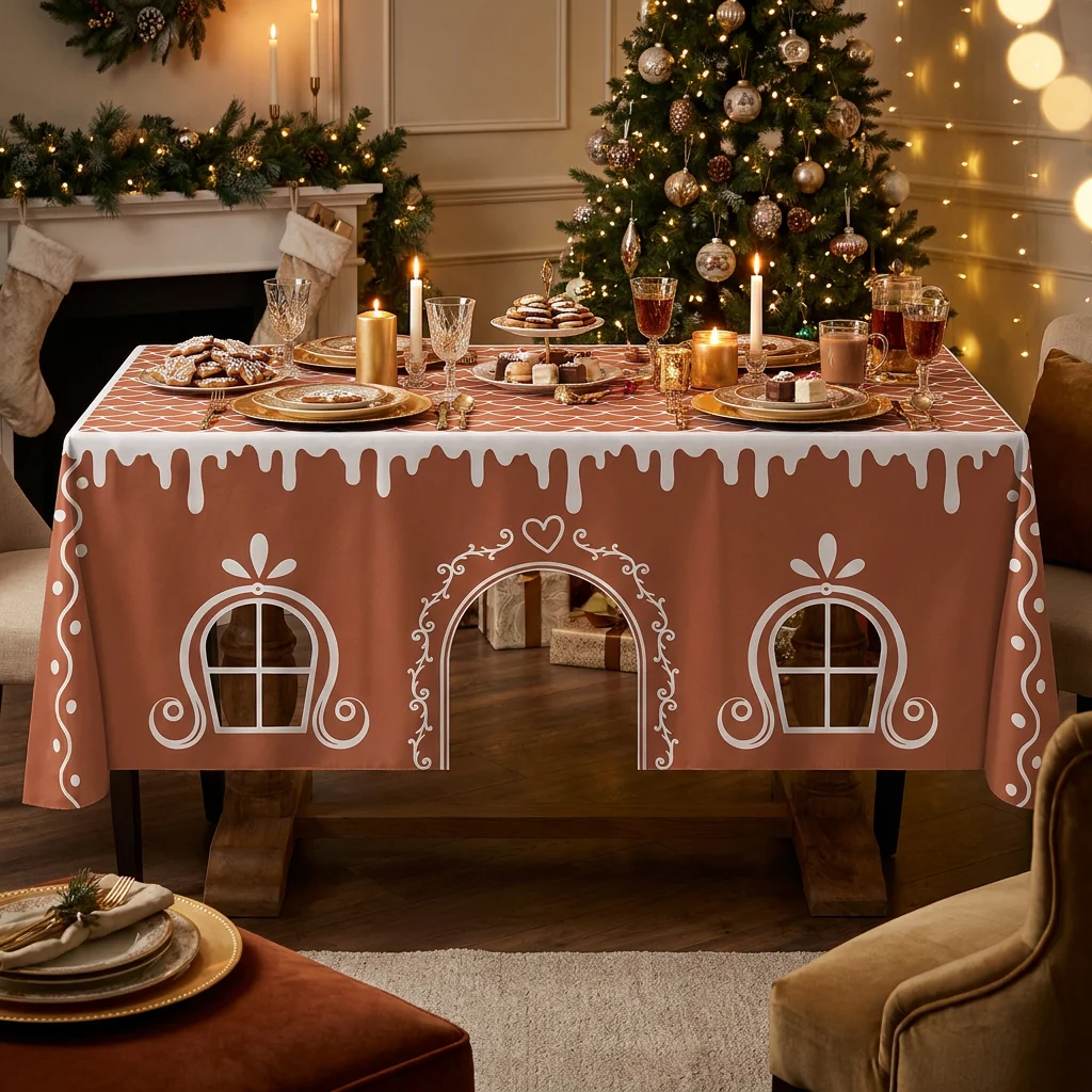 Christmas Gingerbread House Tablecloth Open Tent Festive Village Playhouse Design for Winter Holiday Dinner Home Kitchen Table D