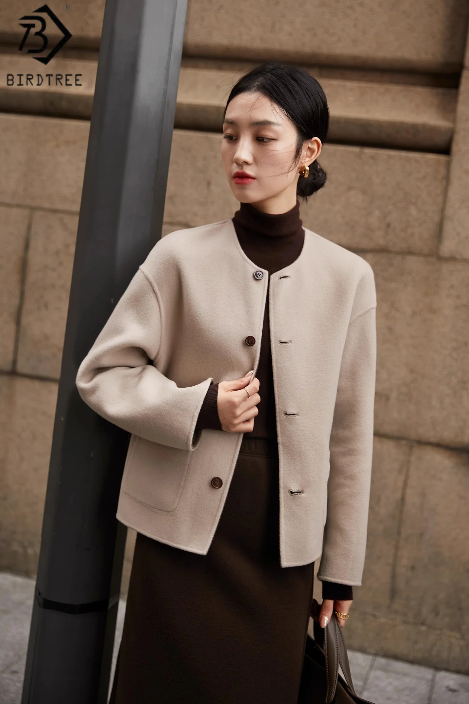 

BirdTree 100% Sheep Wool Coat for Women,Two-color Single Breasted Tops,O-neck Full Sleeve Woolen Knit Autumn Overcoat T58028JF