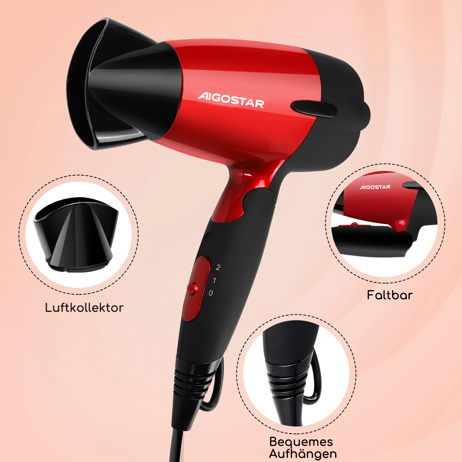 مجفف شعر Aigostar Linda 32GQT للسفر، جهد مزدوج 1500 وات، مقبض قابل للطي، مثالي لسفرك، حماية من الحرارة الزائدة، حصريًا #4
