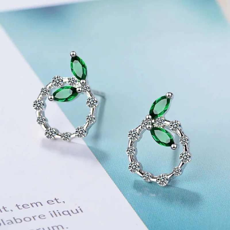 Ohrringe aus echtem 925er-Sterlingsilber, grüner Kristall, Baumblätter, Ohrstecker für Frauen, Pavé-AAA-Zirkon, feine Ohrringe, Schmuck