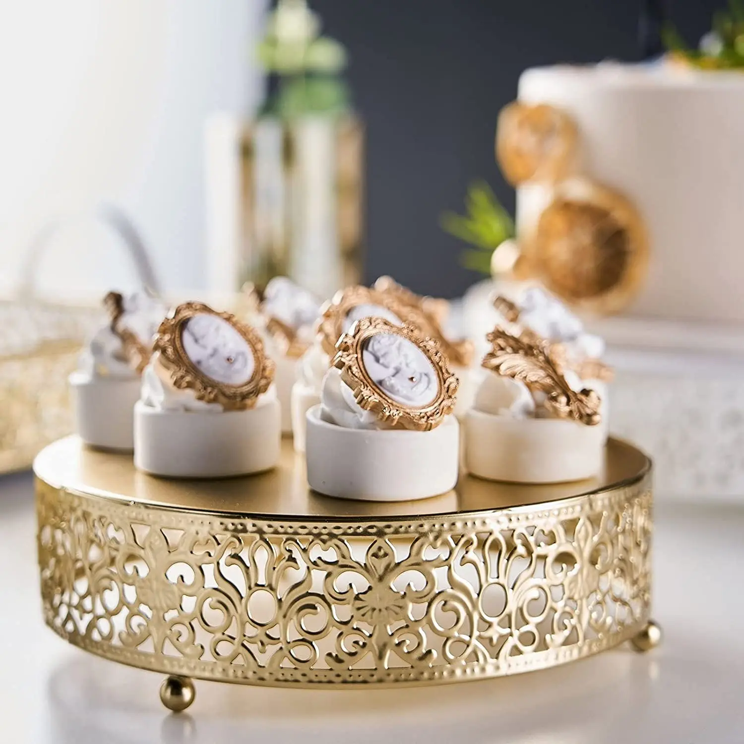 Round Lace Gold Metal Wedding Cake Stand, Dessert Display Stand Glossy Metallic Finish for  Cupcake Pastry  