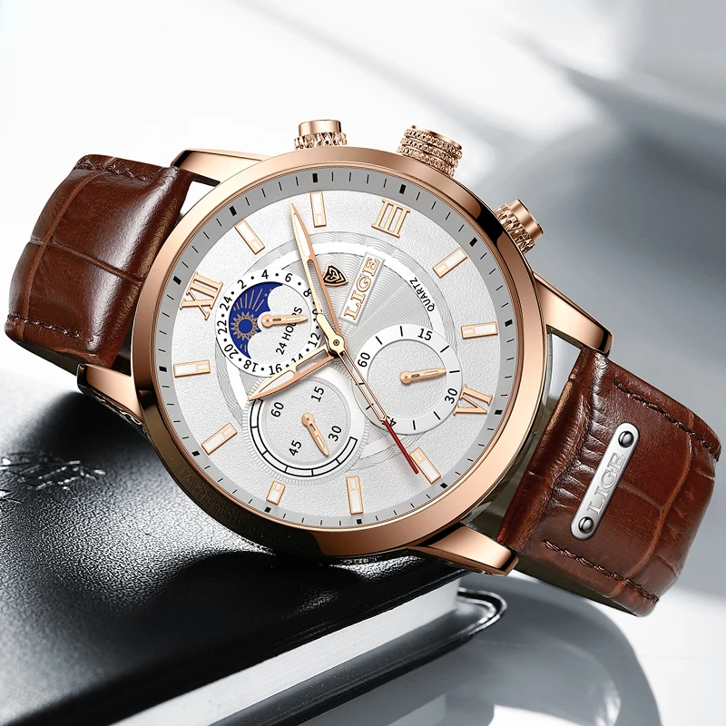 2024 lige Uhren Herren Top Marke Luxus uhr lässig Leder 24 Stunden Mondphase Männer Uhr Sport wasserdichte Quarz Chronograph Box