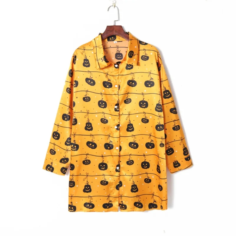 

Удобная женская рубашка с длинным рукавом, повседневная, с принтом тыквы на Хэллоуин, из гладкого шелка, свободного кроя, осенне-зимняя, модная, с декоративными пуговицами