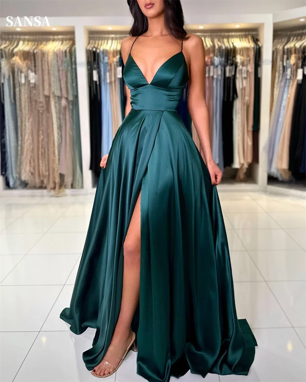 

Sansa Spaghetti Strap Satin Prom Dresses V-neck A-line vestidos de noche Elegant Sleeveless Sexy Side High Split Formal Evening