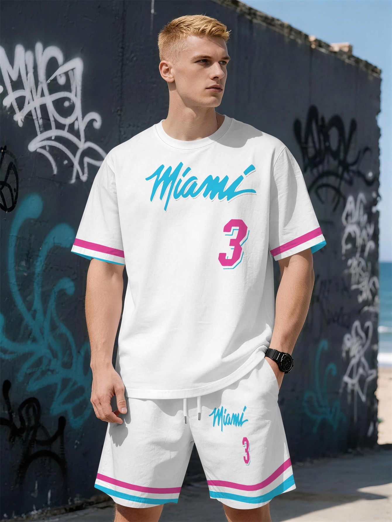 

2026 Summer New Men's Short-Sleeved Set with 3D Letter Pattern Print - Fashionable Street Style Comfortable Lightweight Soft
