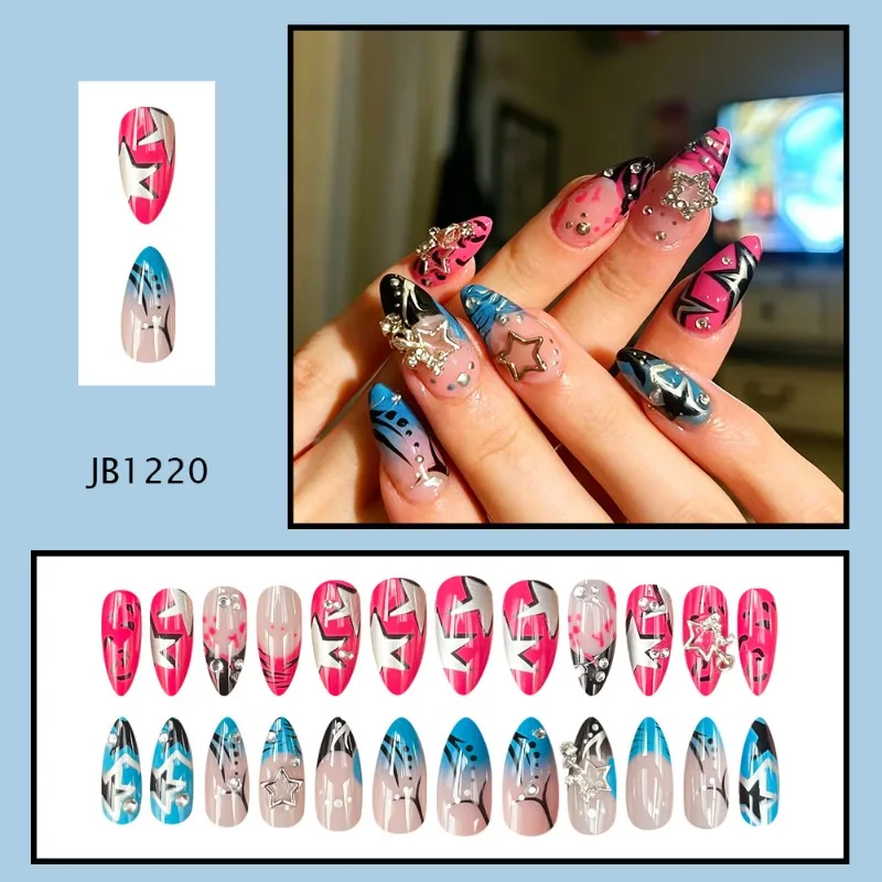 

24PCS Full Set Pink Almond False Nails Y2k Blue French 3D Metallic Star Fashion Press on Nails Black Patterns Fake Nails Tip Art